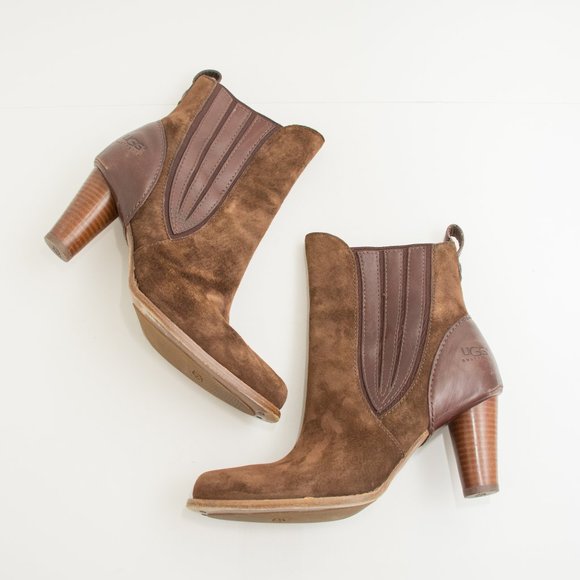 UGG Brown Suede Heeled Boots with Sherpa Lining - Picture 1 of 8